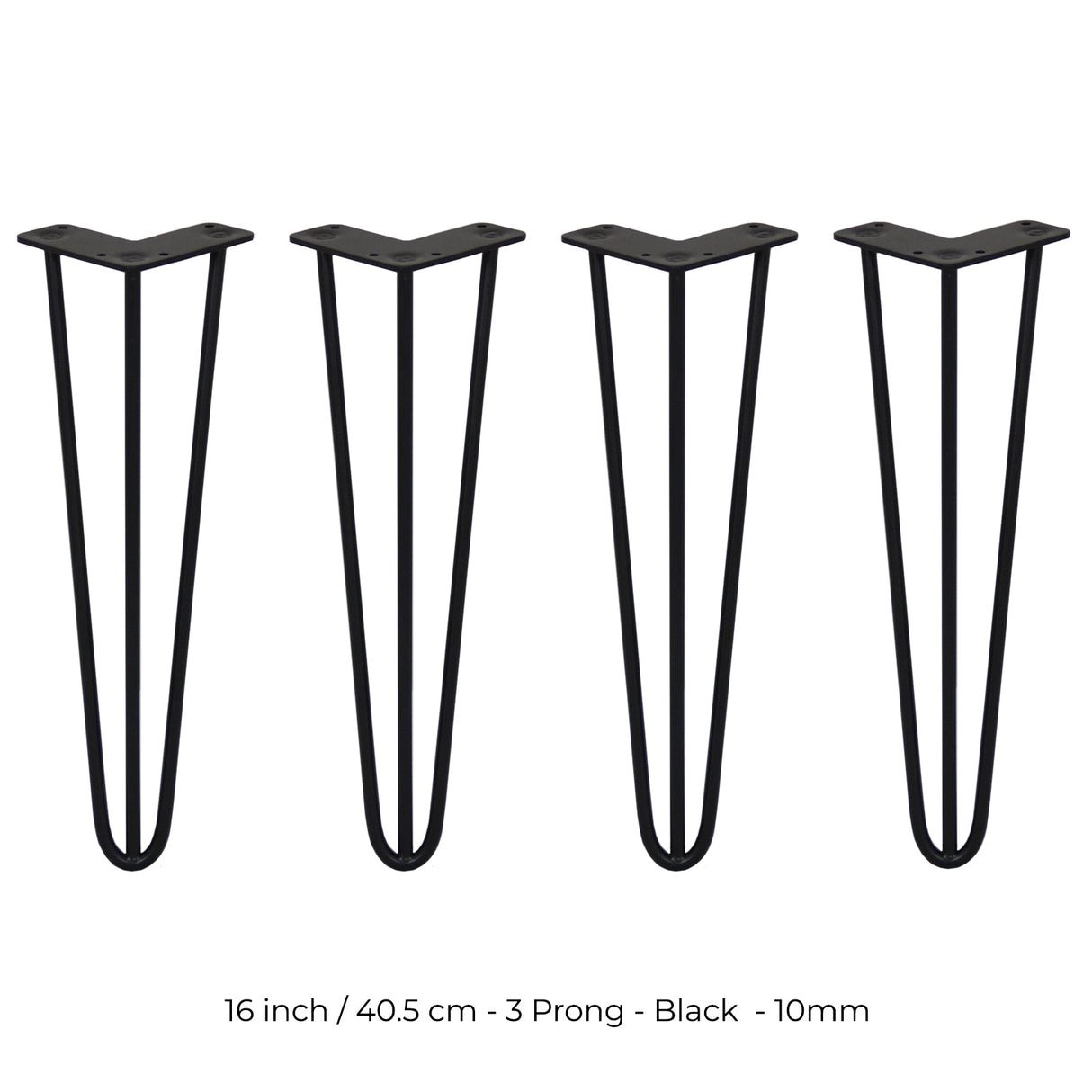 Four sleek black hairpin legs, each 16 inches tall with a 3-prong design, perfect for modern furniture projects and DIY decor