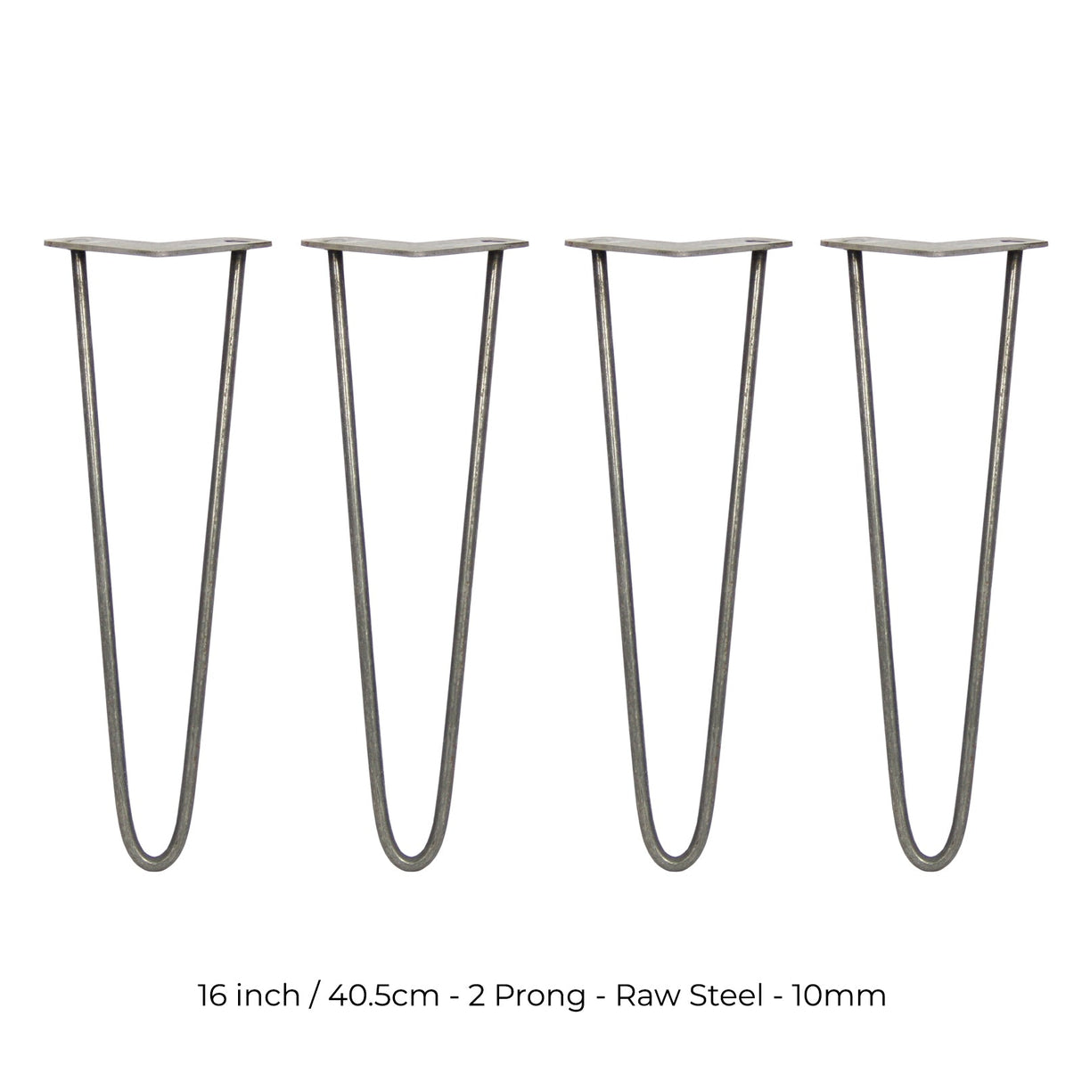 Raw steel hairpin legs in a sleek 2-prong design, measuring 16 inches tall, ideal for modern furniture projects