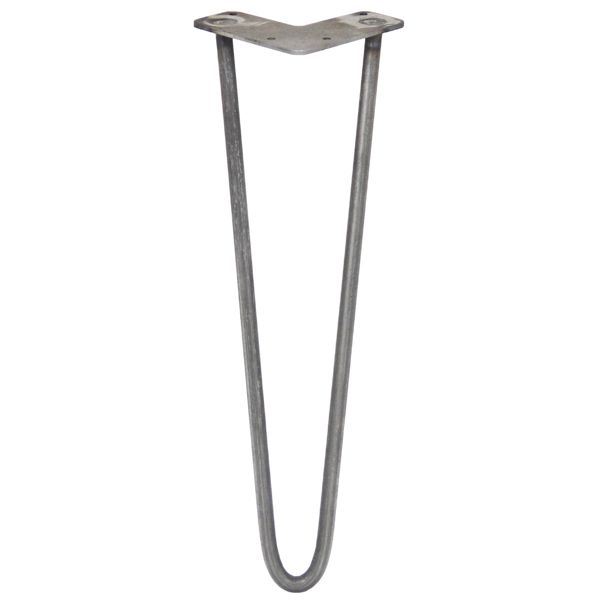 Raw steel hairpin leg with a sleek, minimalist design, featuring two prongs and a 12mm thickness, ideal for furniture projects