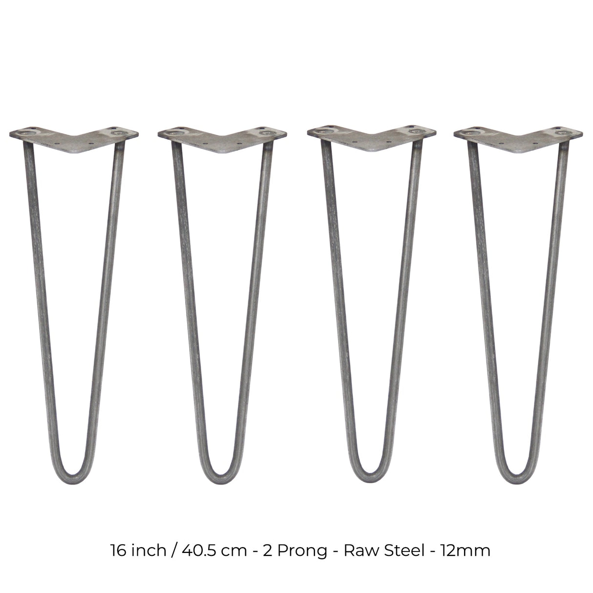 Raw steel hairpin legs, 16 inches tall, featuring a sleek two-prong design, perfect for modern furniture projects and DIY decor