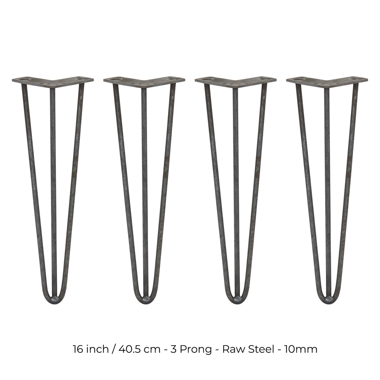 4 x 16" Hairpin Legs - 3 Prong - 10mm - Raw Steel