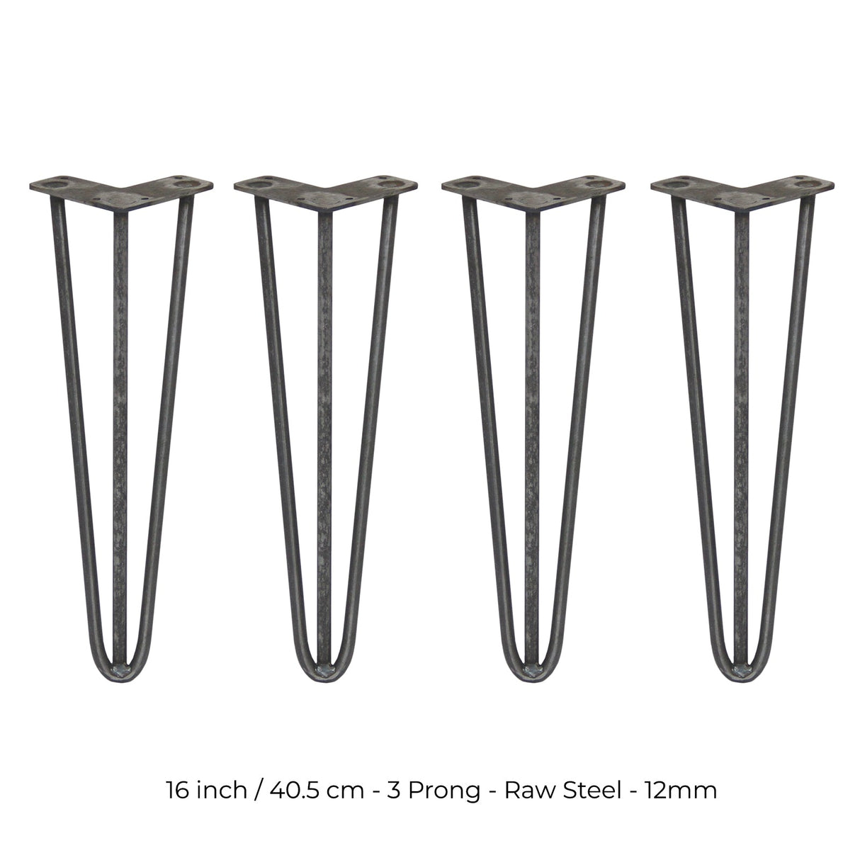 Set of four 16-inch hairpin legs in raw steel, featuring a sturdy 3-prong design and sleek, minimalist lines for modern furniture projects