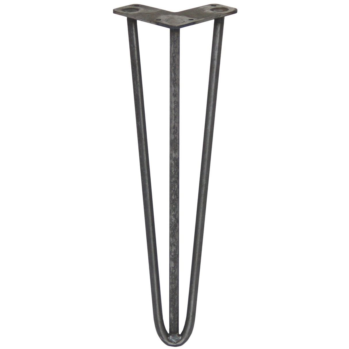 Raw steel hairpin leg with three prongs, measuring 4 x 16 inches, featuring a sleek, industrial design and smooth texture
