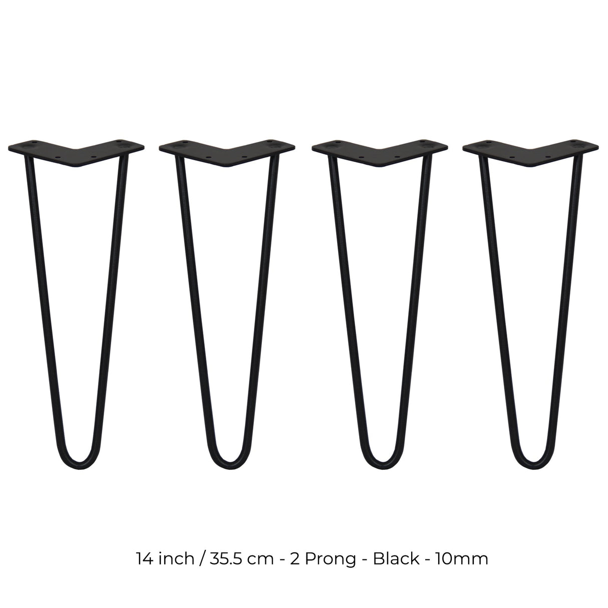 Black 14-inch hairpin legs with a sleek, minimalist design, featuring two prongs and a sturdy 10mm thickness for furniture projects