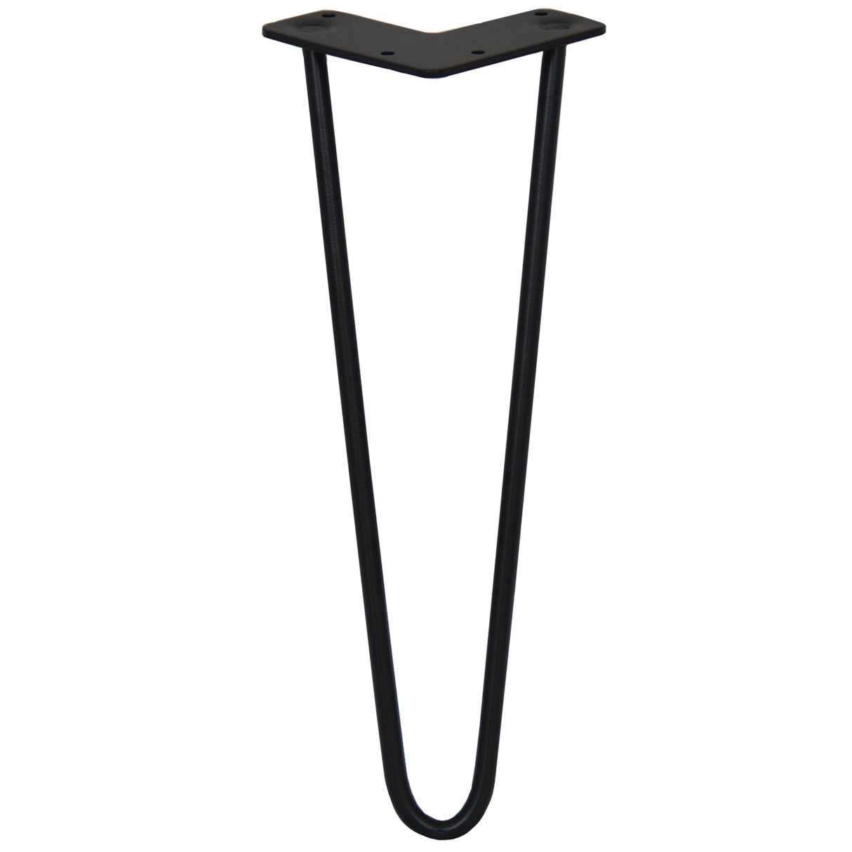 Black 14-inch hairpin leg with a sleek, minimalist design, featuring two prongs and a sturdy 10mm metal construction for furniture support