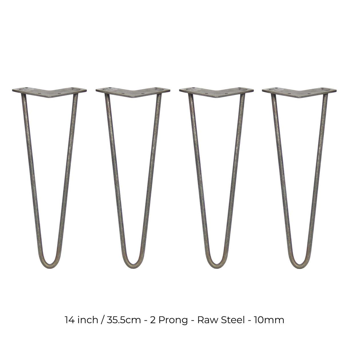 Raw steel hairpin legs, 14 inches tall, featuring a sleek 2-prong design and a sturdy 10mm thickness, ideal for furniture projects