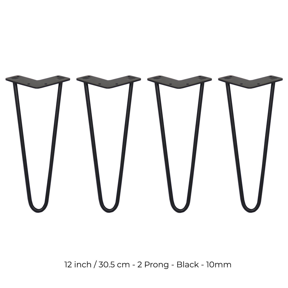 Black 12-inch hairpin legs with a sleek 2-prong design, perfect for creating modern furniture pieces or DIY projects