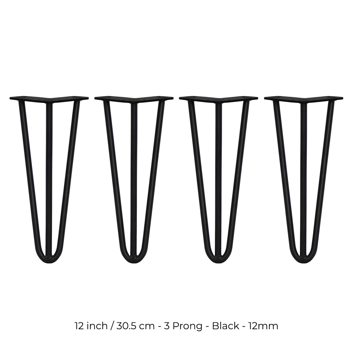 Black 12mm hairpin legs with a sleek three-prong design, measuring 12 inches, perfect for furniture projects and home decor