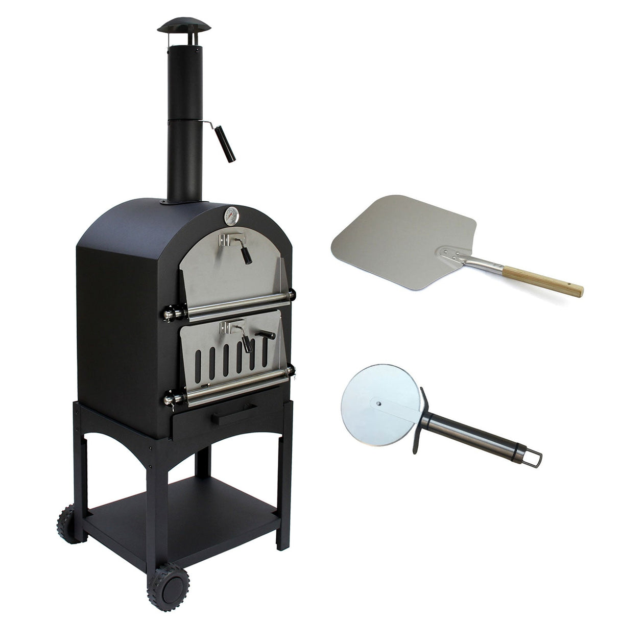Black KuKoo outdoor pizza oven with stainless steel doors, chimney, and wooden-handled pizza peel for outdoor cooking