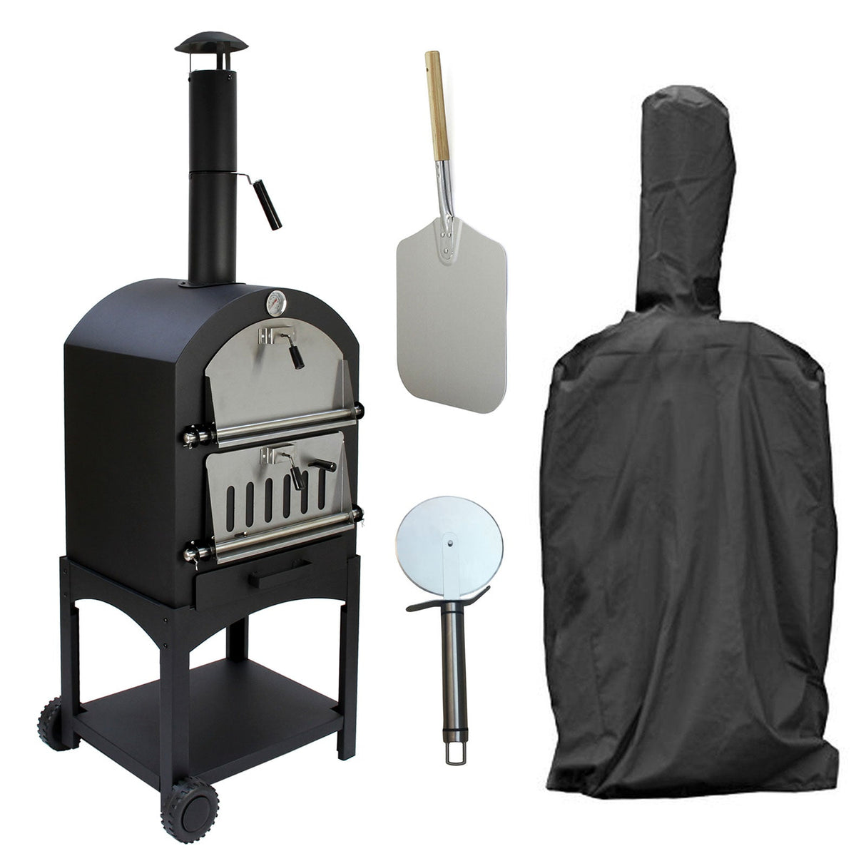 Black KuKoo outdoor pizza oven with stainless steel accents, pizza peel, cutter, and protective cover, ideal for backyard cooking