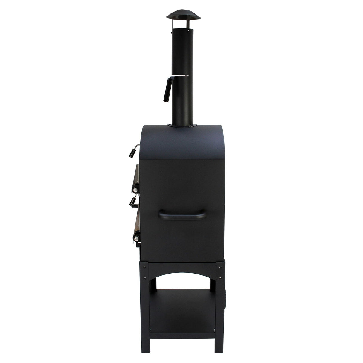 Sleek black KuKoo outdoor pizza oven with a chimney, sturdy legs, and a protective cover, ideal for backyard cooking adventures