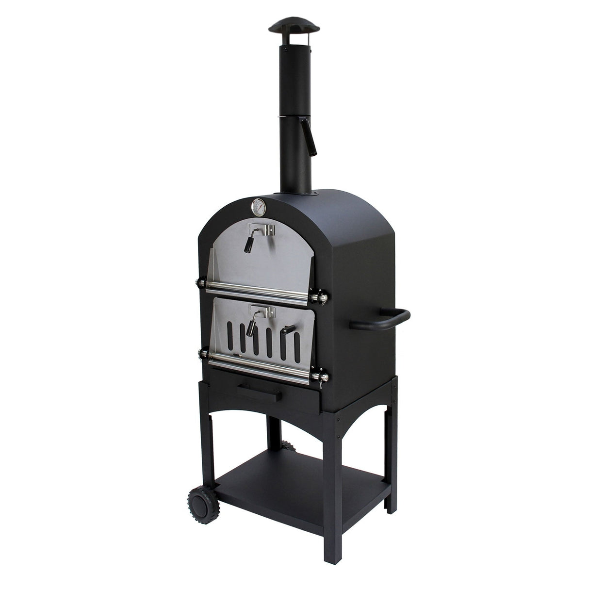 Black KuKoo outdoor pizza oven with stainless steel doors, a chimney, and a sturdy wheeled base for easy mobility