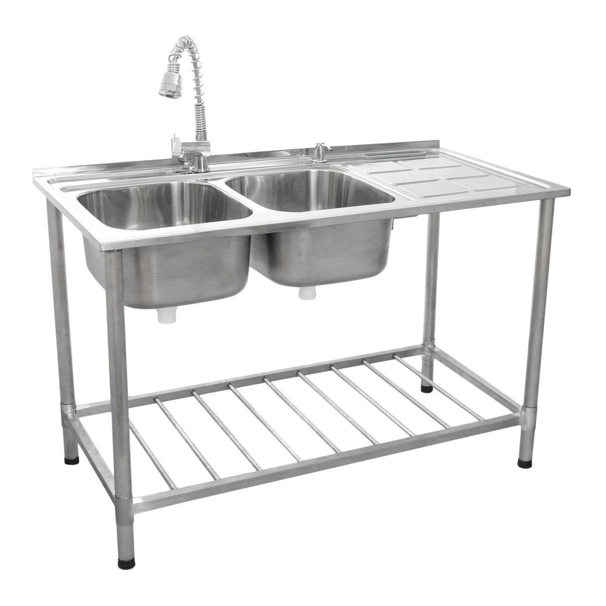 Stainless steel commercial catering sink with double bowls, right-hand drainer, and adjustable faucet, featuring a sturdy frame