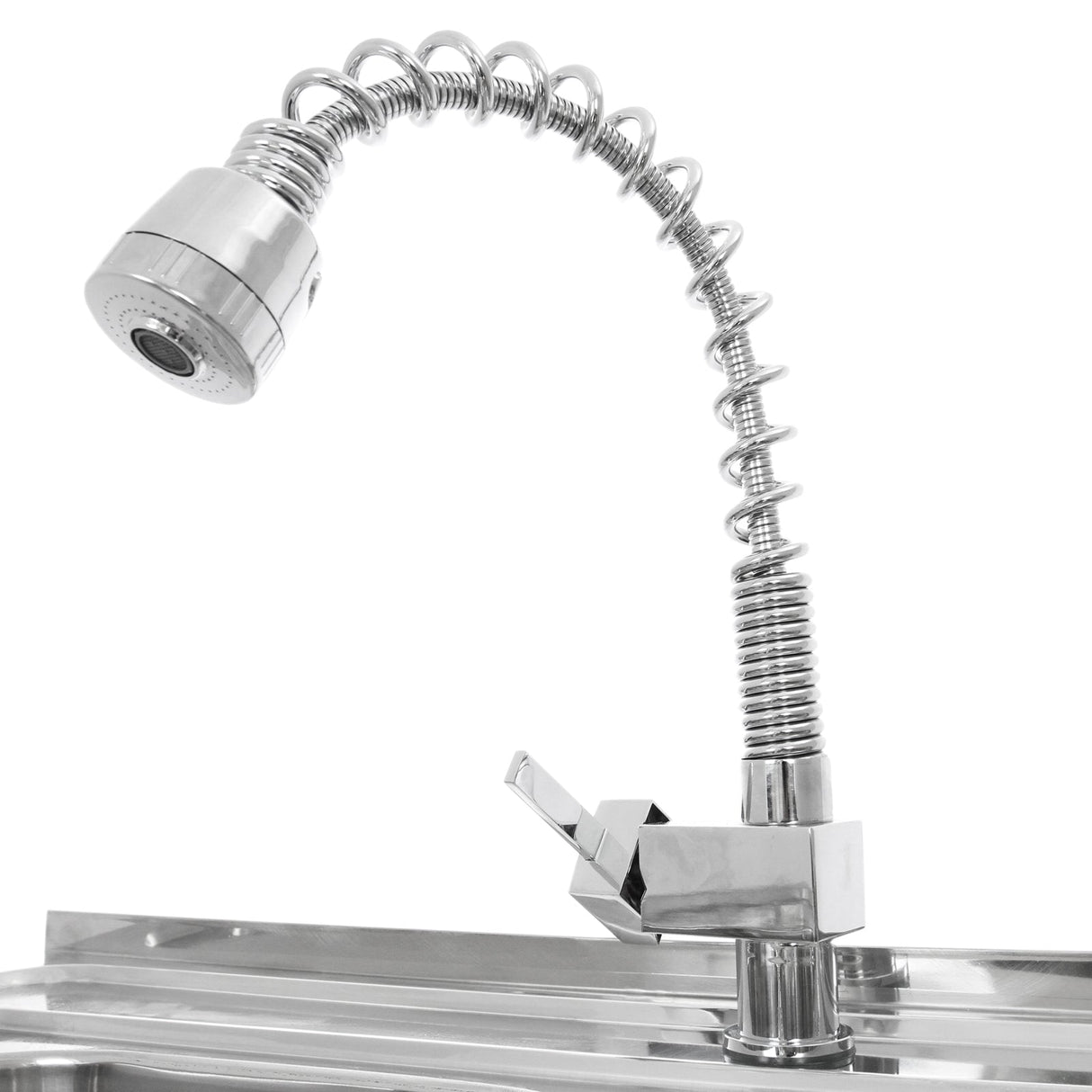 Polished chrome faucet with a flexible, coiled neck and a lever handle, mounted above a stainless steel double bowl sink