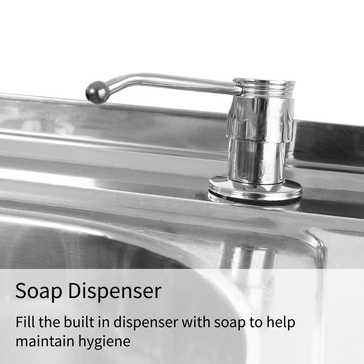 Stainless steel soap dispenser on a commercial catering sink, designed for hygiene with a sleek, polished finish and easy refill access