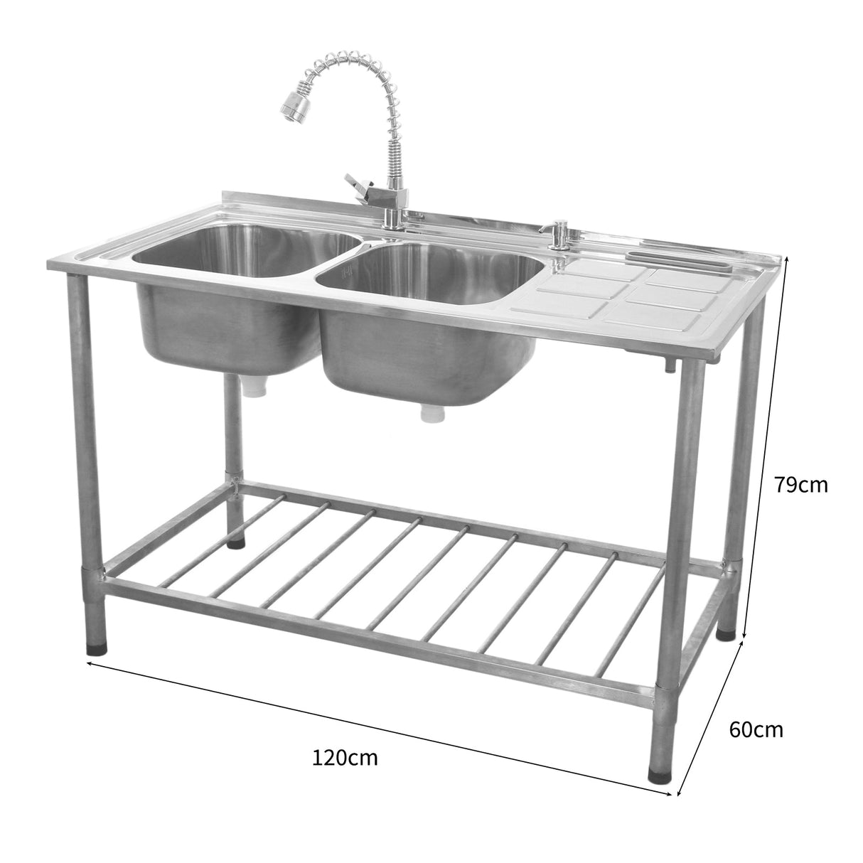Stainless steel double bowl catering sink with right-hand drainer, featuring a sleek design and adjustable faucet, ideal for commercial kitchens