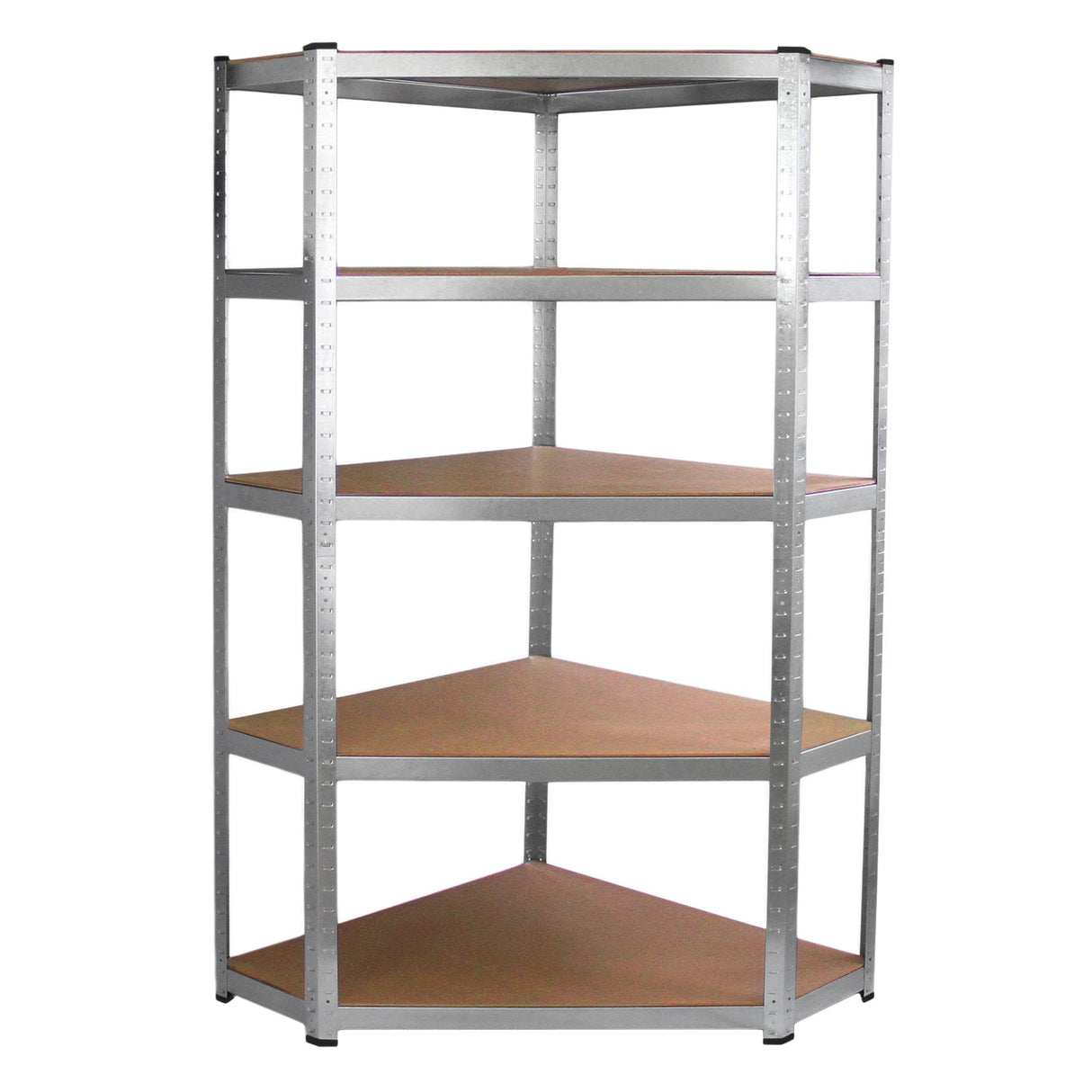 Sturdy corner shelving unit with a silver metal frame and five wooden shelves, ideal for garage organization and storage solutions