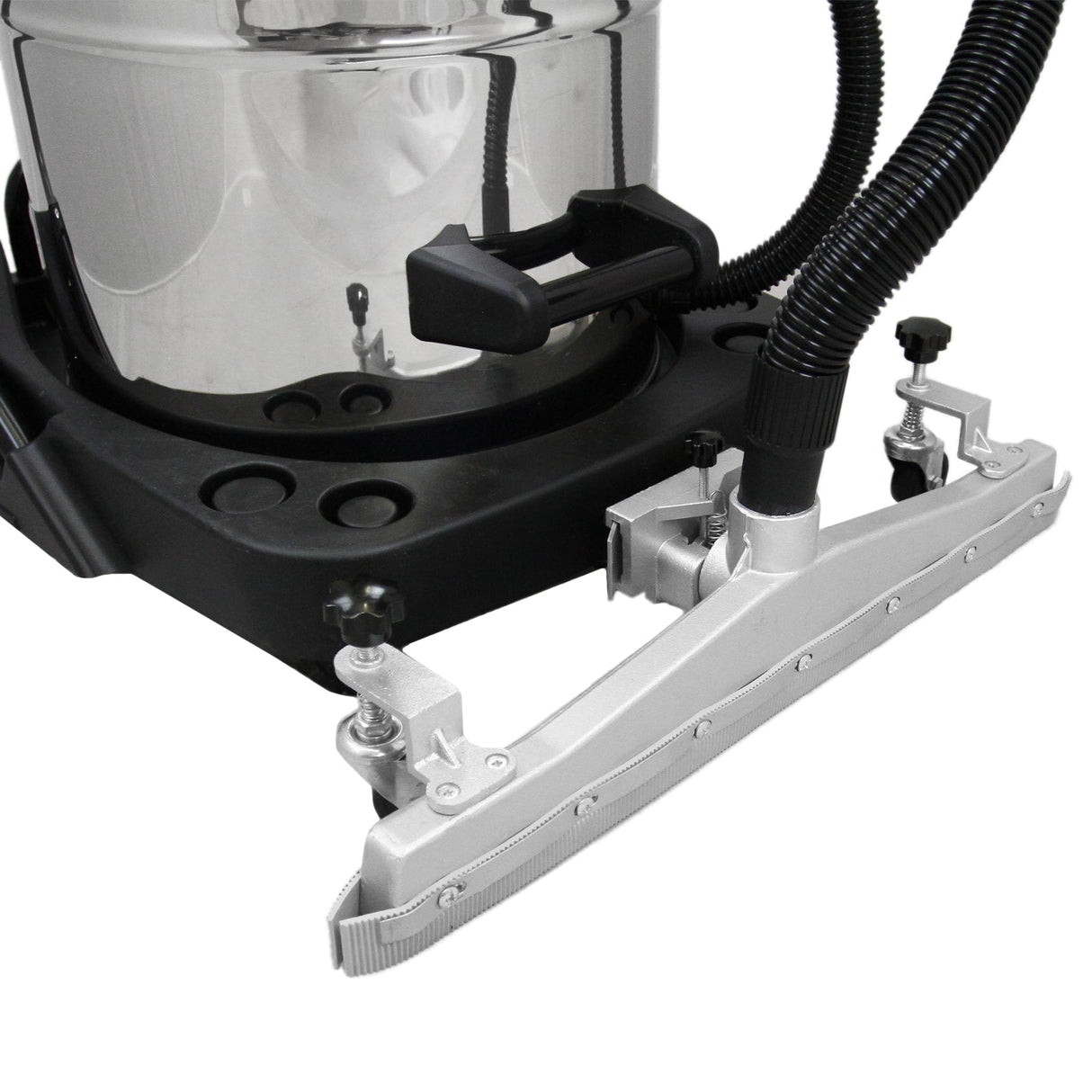 Shiny stainless steel industrial vacuum with a black base and a silver floor nozzle attachment for efficient cleaning