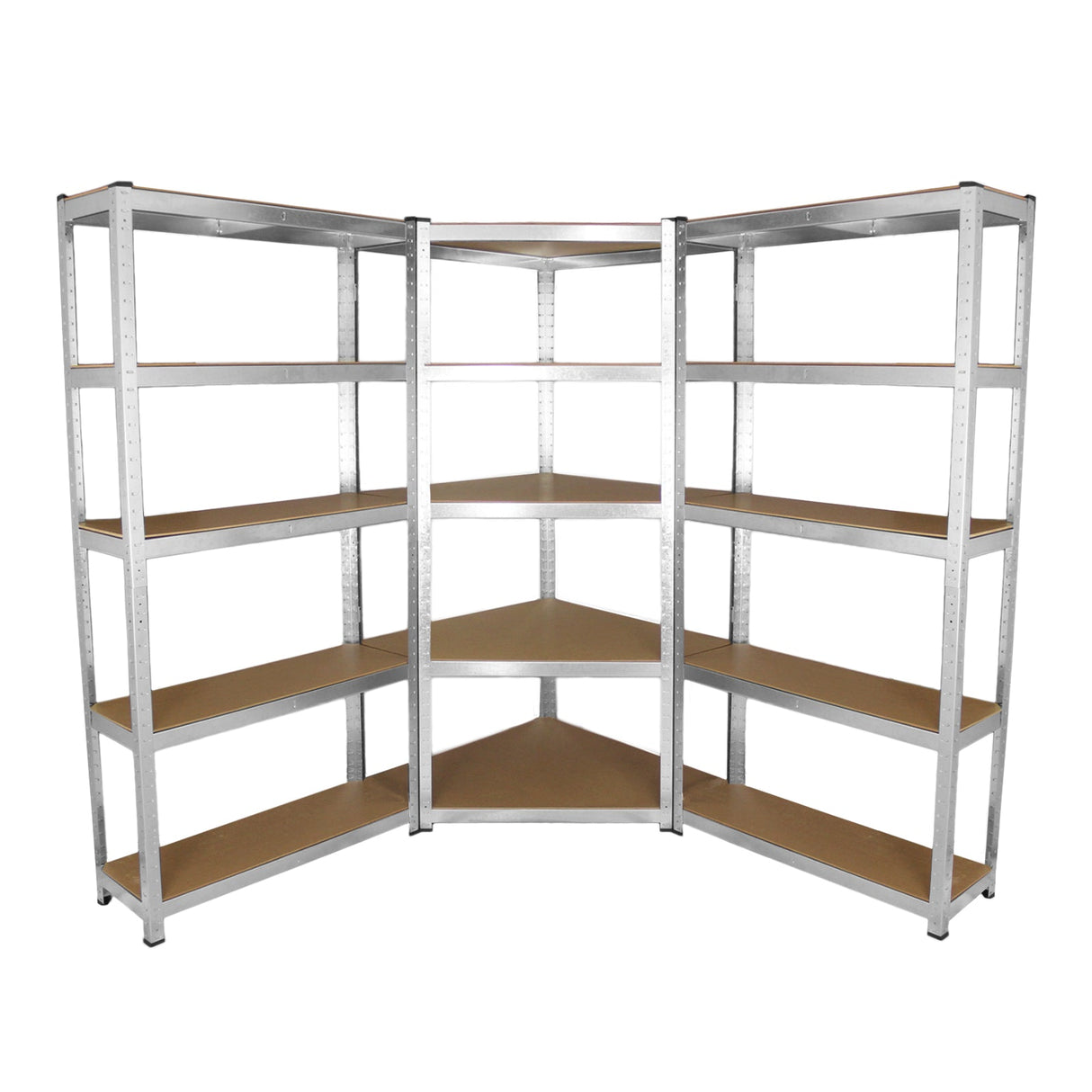 Corner shelving unit with two garage racking bays, featuring sturdy metal frames and wooden shelves in a sleek silver finish