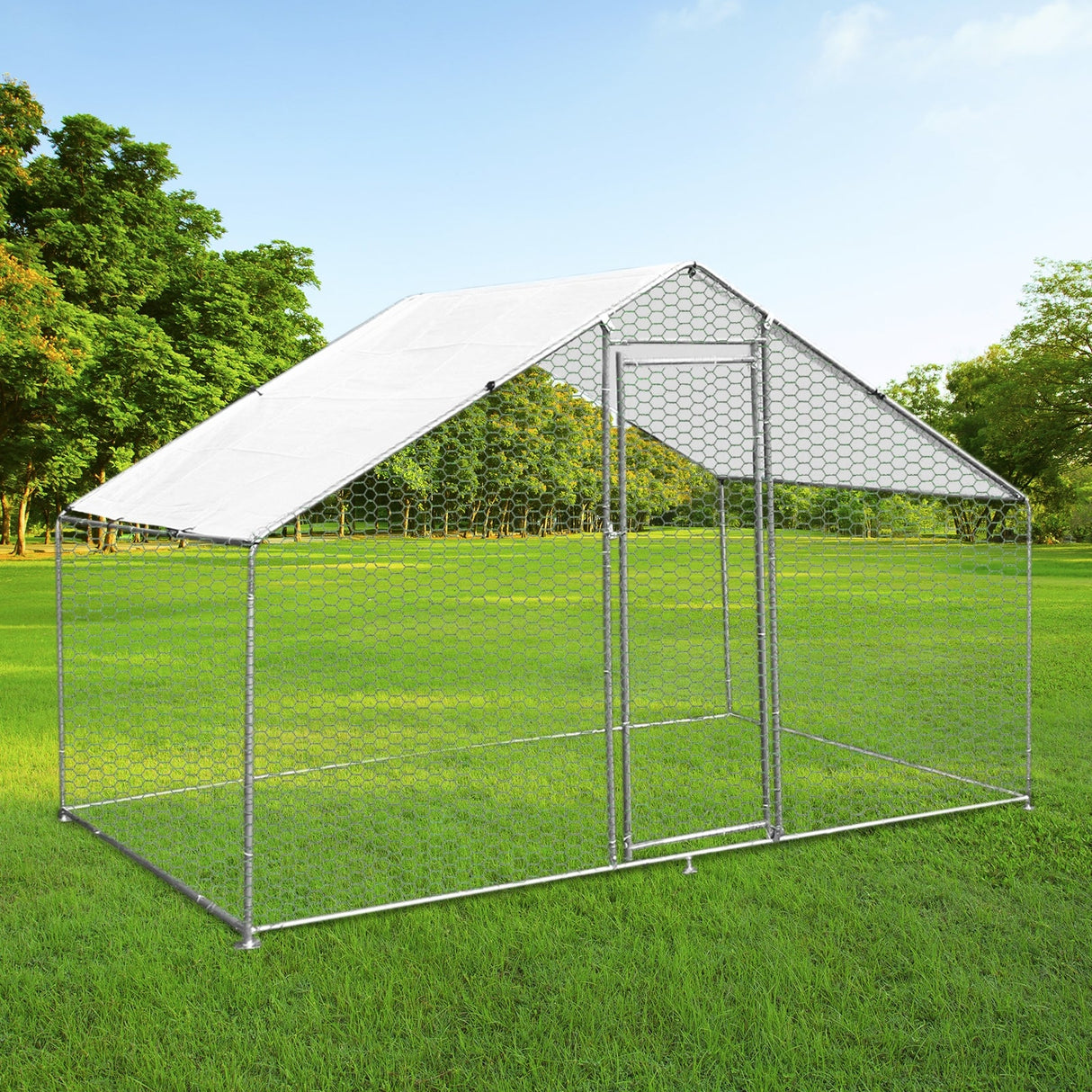 Spacious 3m x 2m x 2m chicken run with a sturdy metal frame, hexagonal wire mesh, and a sloped white roof, set on green grass