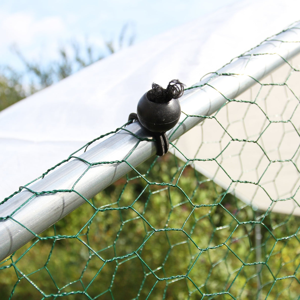 Green chicken wire attached to a silver metal frame, showcasing a secure fastening clip against a blurred outdoor background