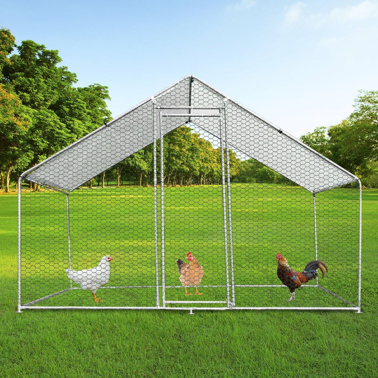 Durable chicken run measuring 3m x 2m x 2m, featuring a hexagonal wire mesh design, with three chickens inside on green grass