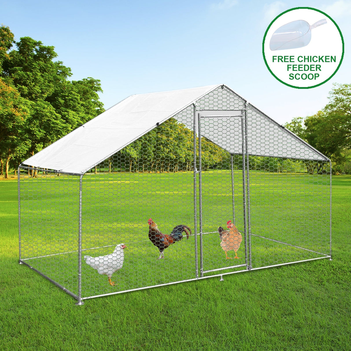 Spacious chicken run with a sturdy metal frame, hexagonal wire mesh, and a white waterproof roof, featuring four chickens inside