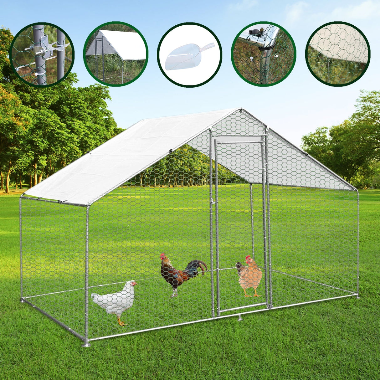 Spacious 3m x 2m chicken run with a sturdy metal frame, mesh sides, and a white waterproof roof, ideal for outdoor use