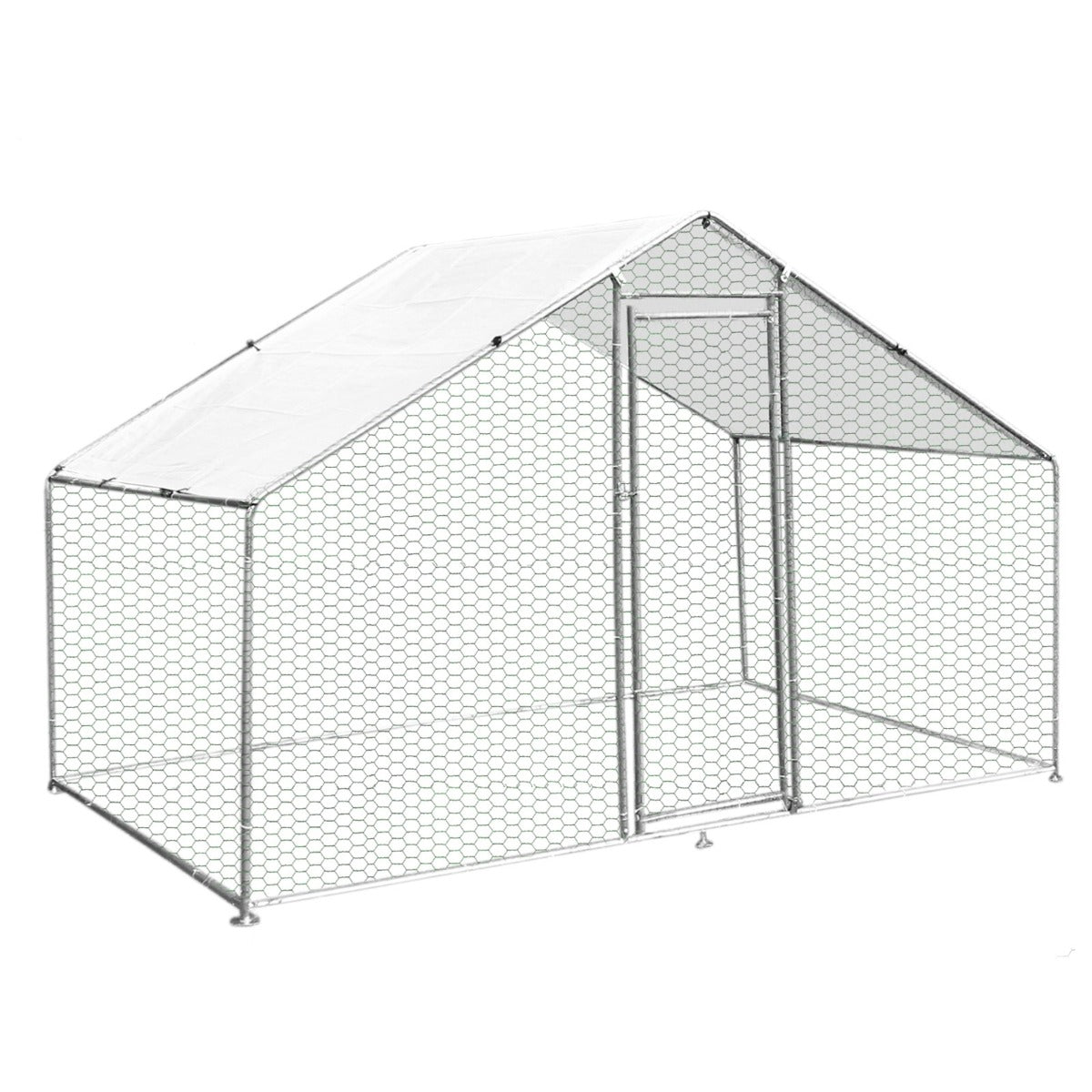Spacious chicken run measuring 3m x 2m x 2m, featuring a sturdy hexagonal wire mesh design and a protective roof for outdoor use