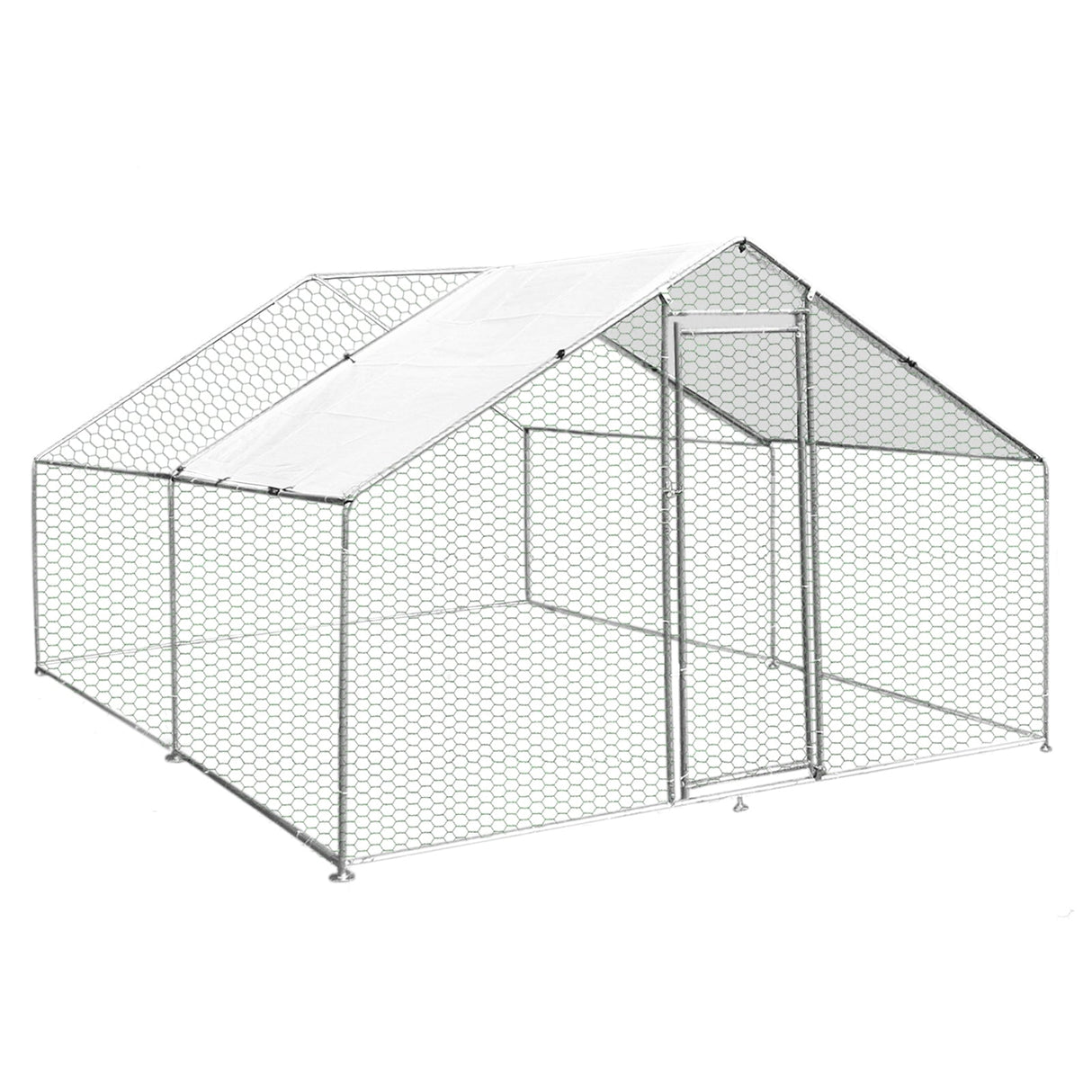 Spacious chicken run measuring 3m x 4m x 2m, featuring a sturdy metal frame, hexagonal wire mesh, and a sloped roof for protection