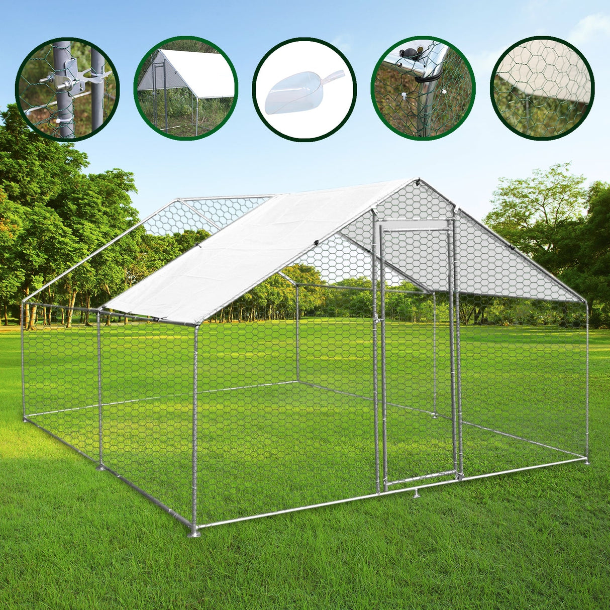 Spacious 3m x 4m x 2m chicken run with a sturdy metal frame, hexagonal wire mesh, and a protective white canopy in a grassy outdoor setting