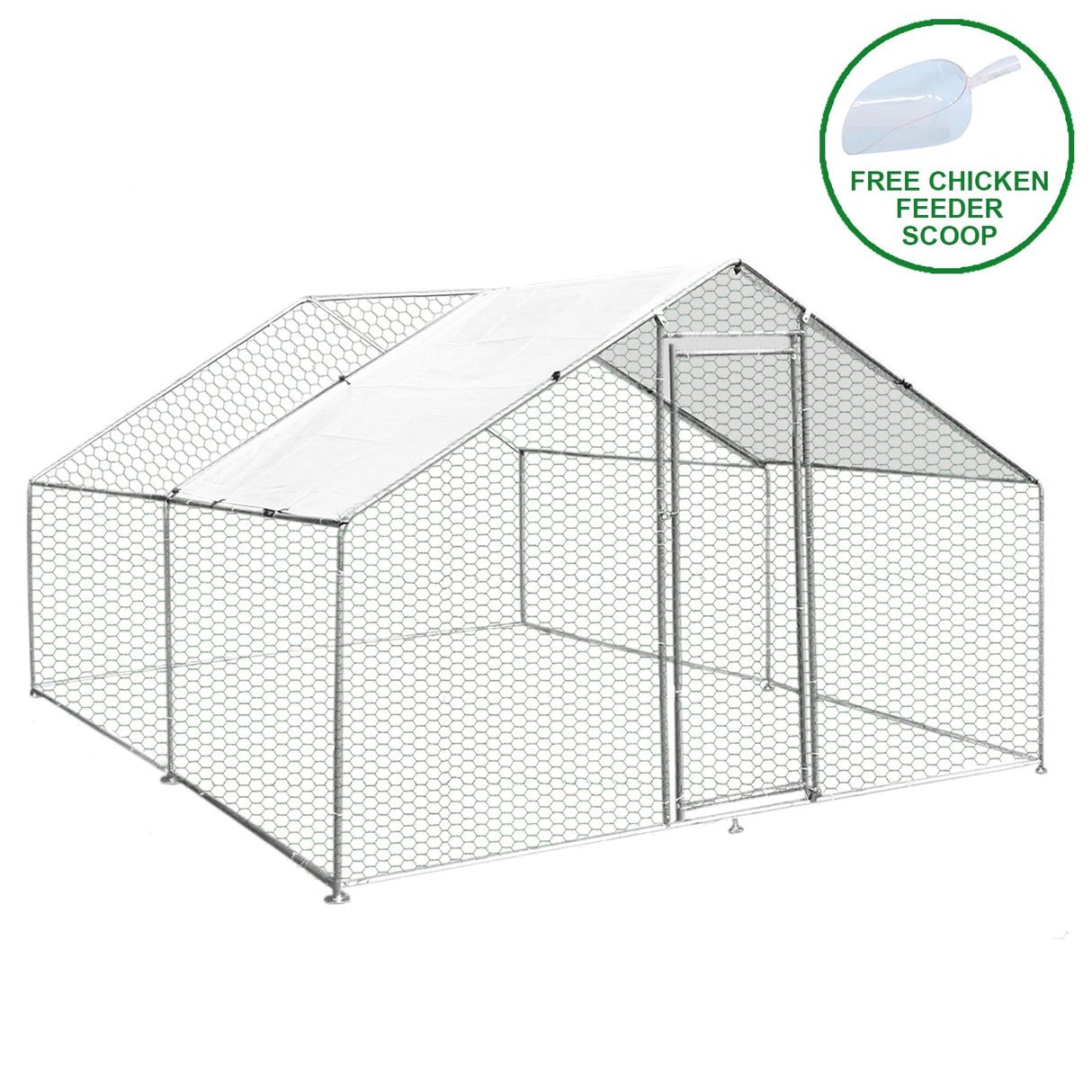 Spacious 3m x 4m x 2m chicken run with sturdy hexagonal wire mesh, featuring a sloped roof and a secure entrance door