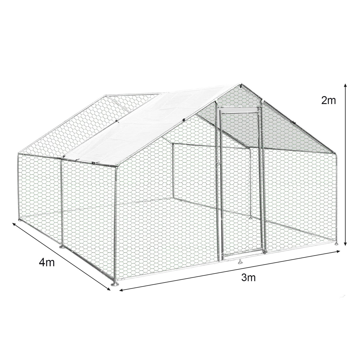Spacious chicken run measuring 3m x 4m x 2m, featuring a sturdy hexagonal wire mesh design and a protective roof for safety