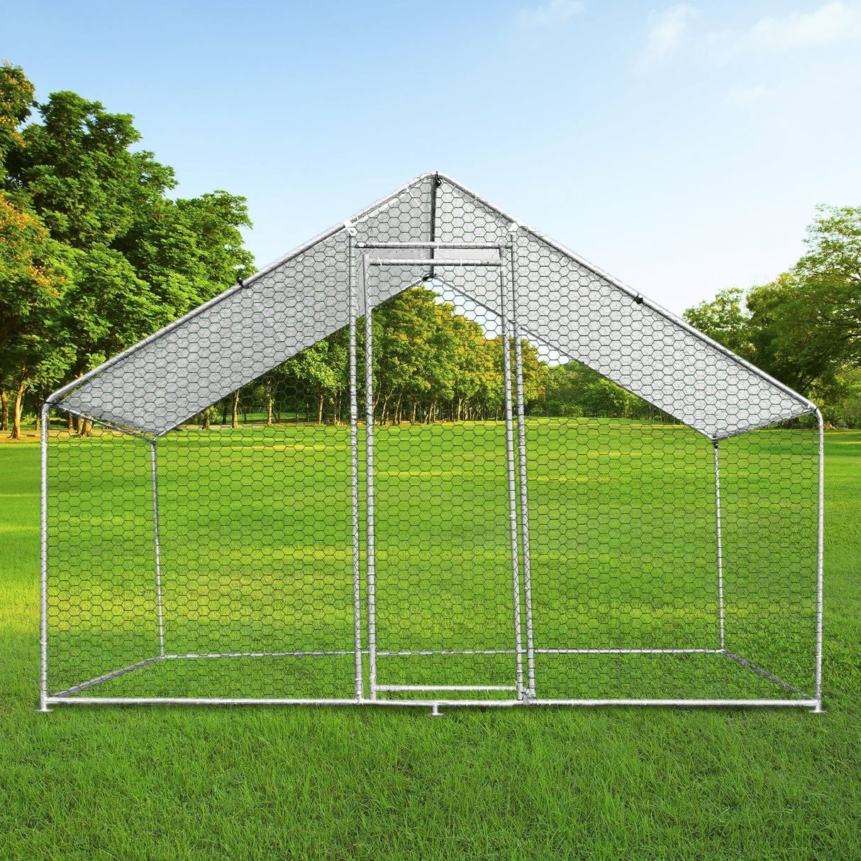Spacious chicken run measuring 4m x 2m x 2m, featuring a sturdy metal frame and hexagonal wire mesh, set on lush green grass