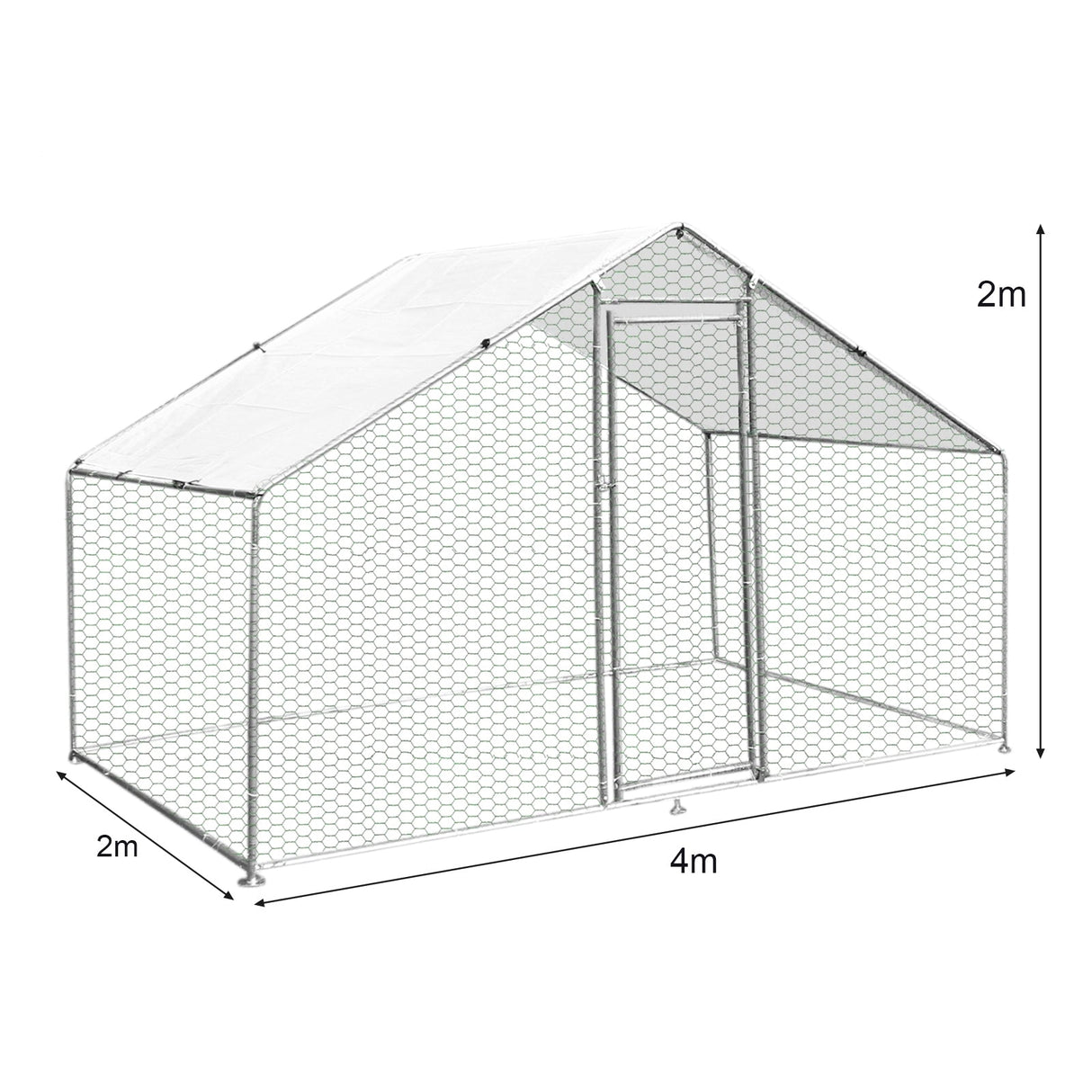 Spacious 4m x 2m x 2m chicken run with a sturdy galvanized steel frame, hexagonal mesh walls, and a waterproof cover for protection