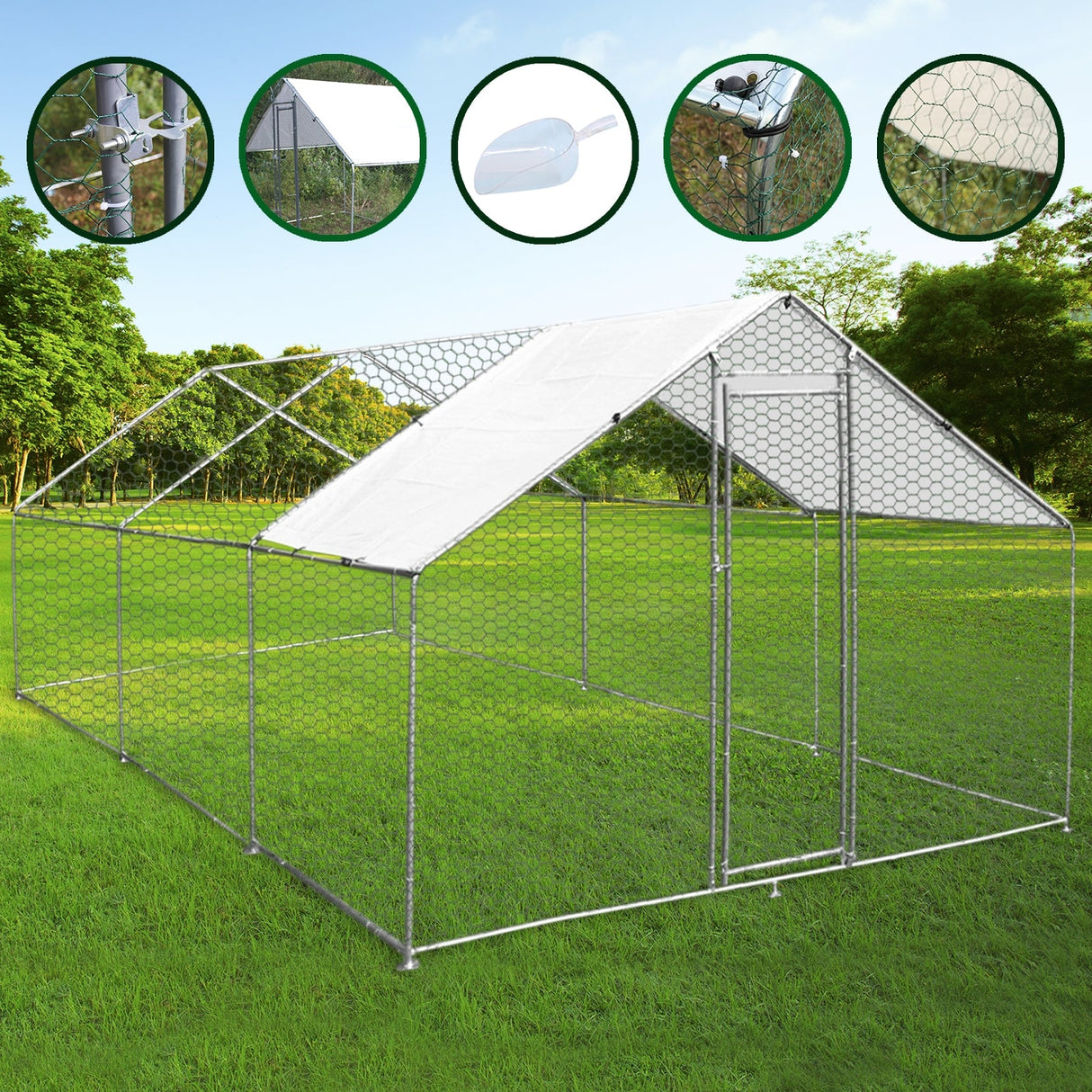 Spacious chicken run with a sturdy metal frame, hexagonal wire mesh, and a white waterproof cover, set on lush green grass