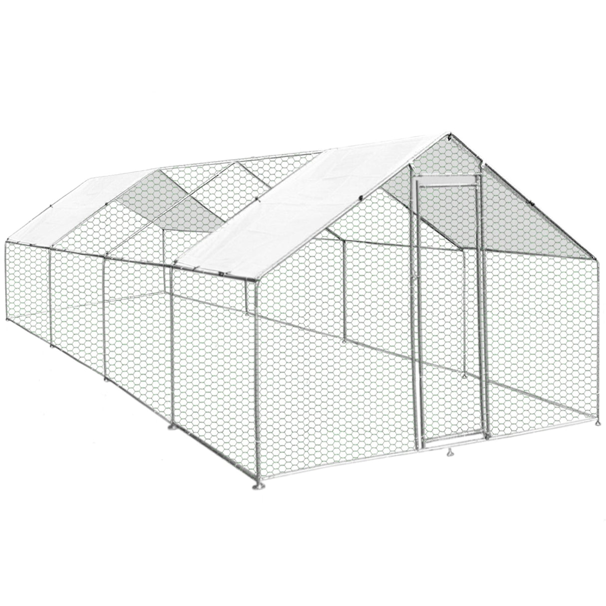 Spacious chicken run measuring 4m x 8m x 2m, featuring a sturdy metal frame, hexagonal wire mesh, and a weather-resistant cover