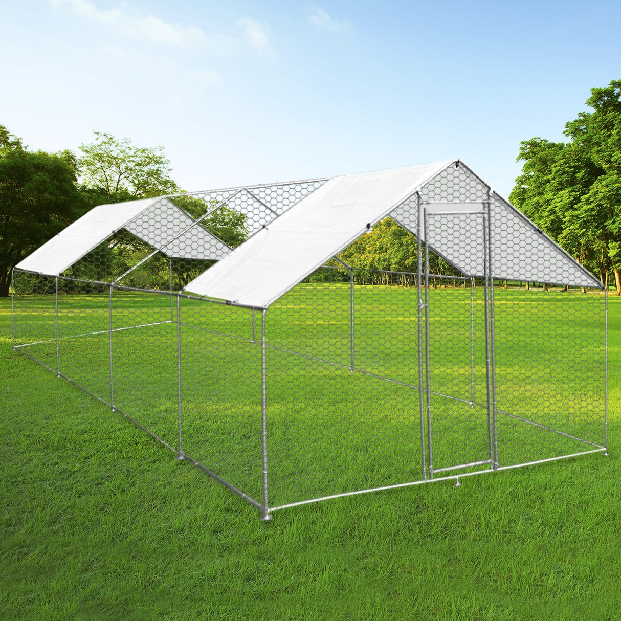 Spacious 4m x 8m x 2m chicken run with a sturdy metal frame, hexagonal wire mesh, and a weather-resistant roof, set on lush green grass