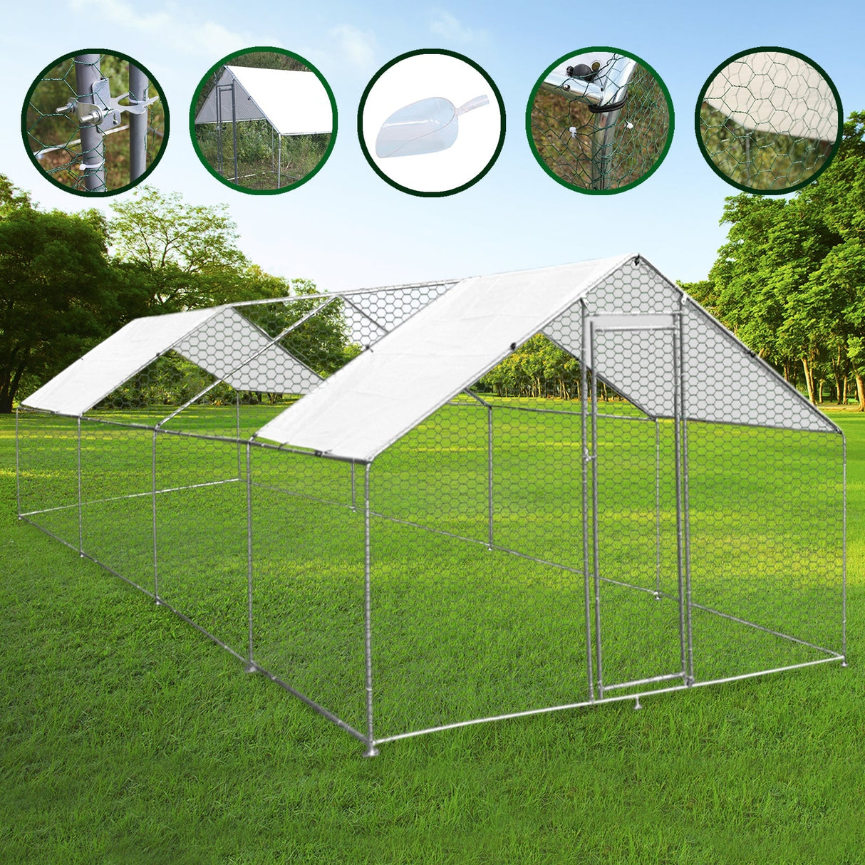 Spacious 4m x 8m x 2m chicken run with a sturdy metal frame, white waterproof cover, and hexagonal wire mesh for safety