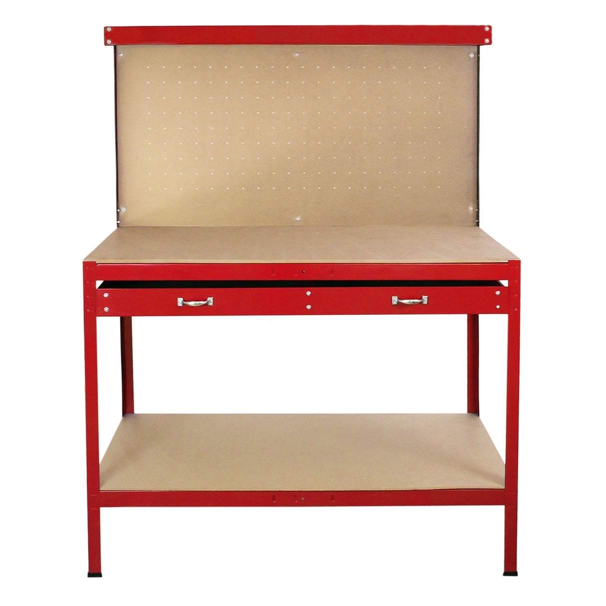 Red workbench featuring a pegboard back, a smooth wooden top, two drawers, and a sturdy metal frame for organized workspace