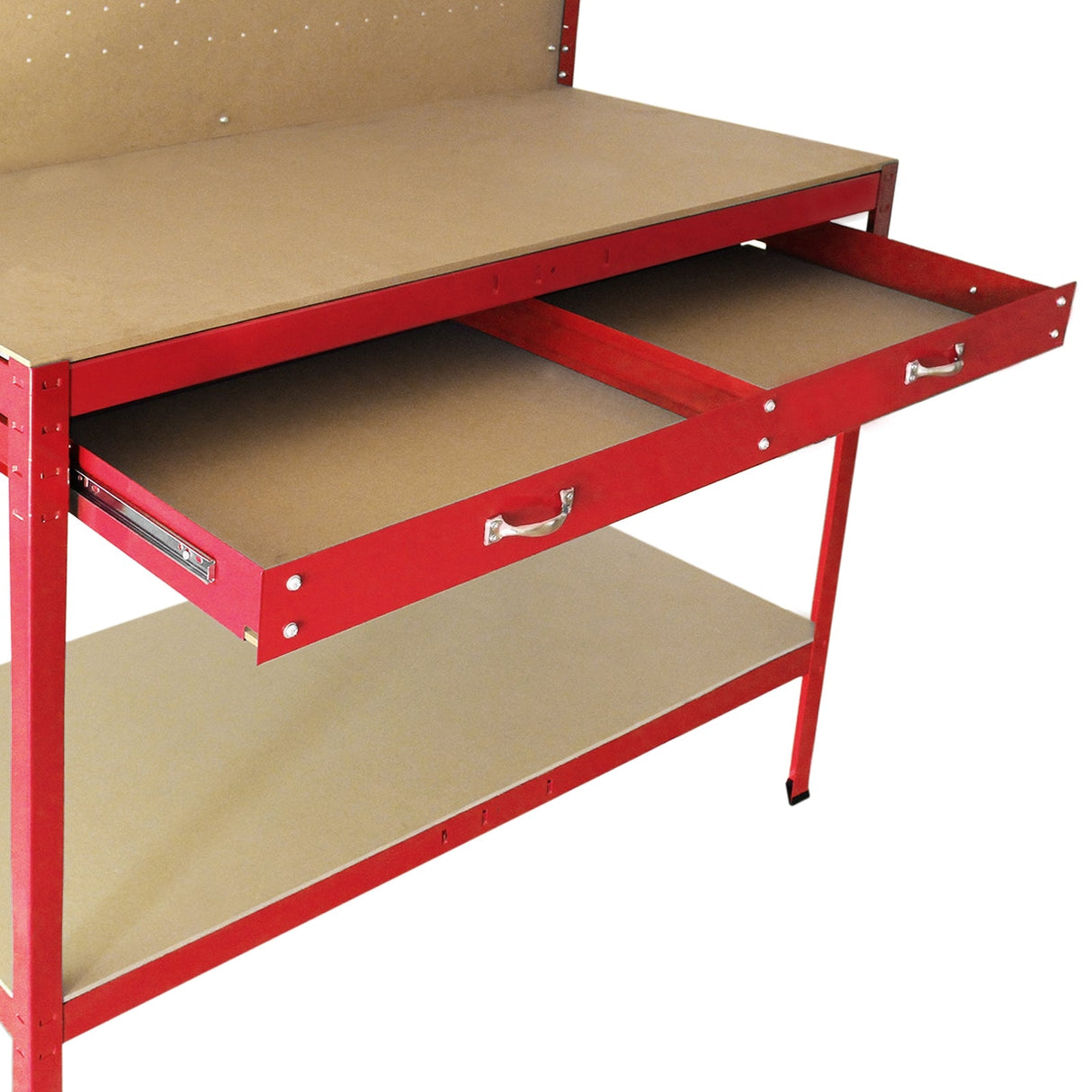 Red workbench featuring a smooth surface, pegboard for tools, and two spacious drawers for storage, ideal for workshops and garages