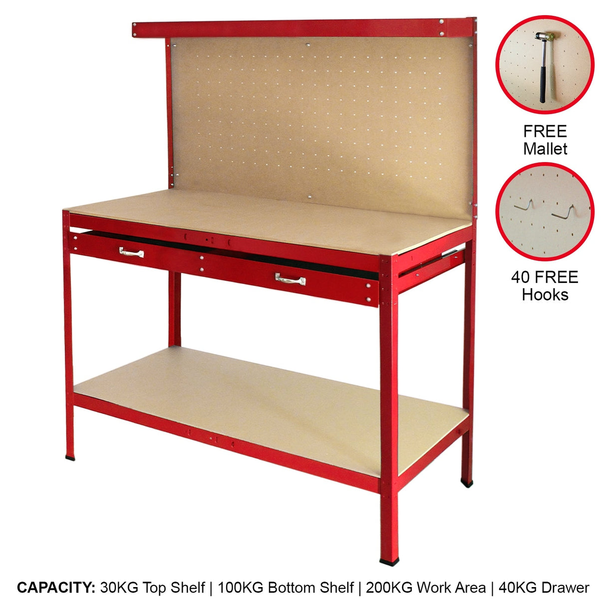 Red workbench with a pegboard back, two drawers, and a smooth wood surface, featuring a sturdy metal frame and hooks for tools