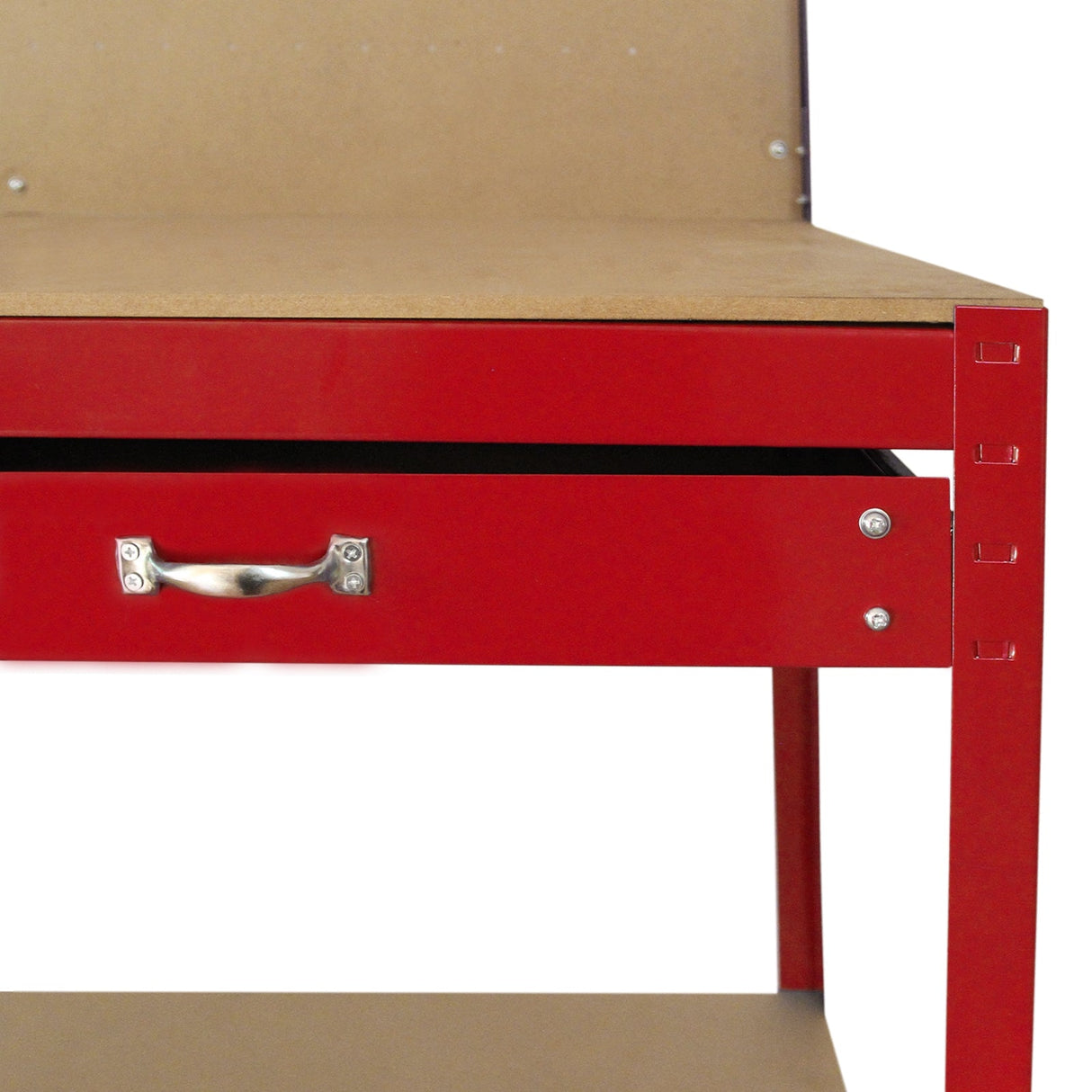 Red workbench featuring a sturdy pegboard and a metal drawer, ideal for organizing tools and workspace efficiently