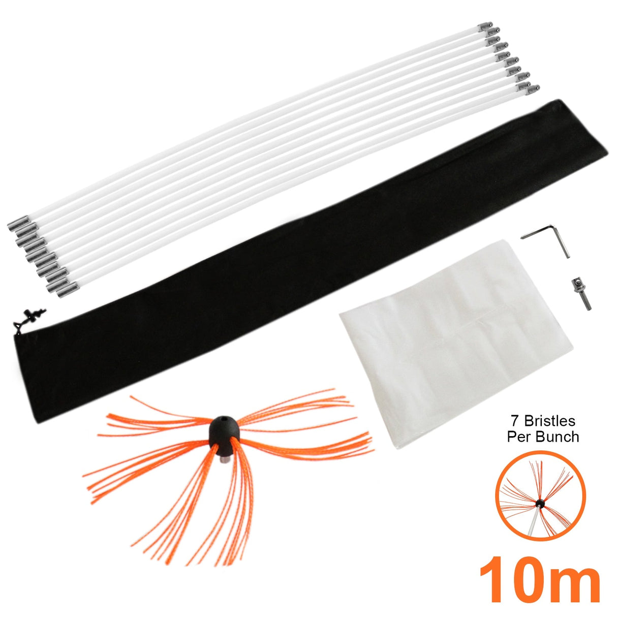 MAXBLAST Powered Chimney Sweep kit includes 10 flexible rods, a black storage bag, and a brush with vibrant orange bristles for effective cleaning