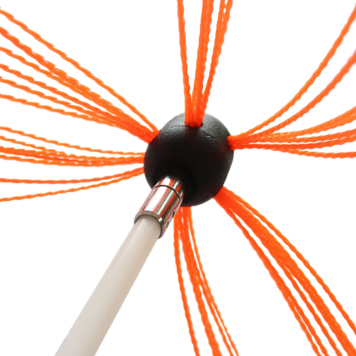 Bright orange nylon bristles extend from a black spherical head, attached to a sturdy white pole for efficient chimney cleaning