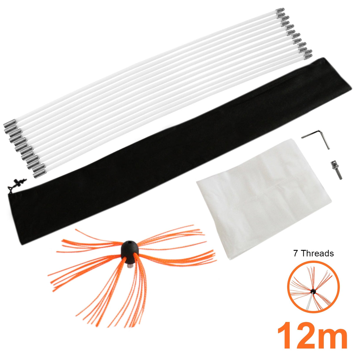 MAXBLAST Powered Chimney Sweep kit includes 12m flexible rods, a black storage bag, and an orange-bristled cleaning brush