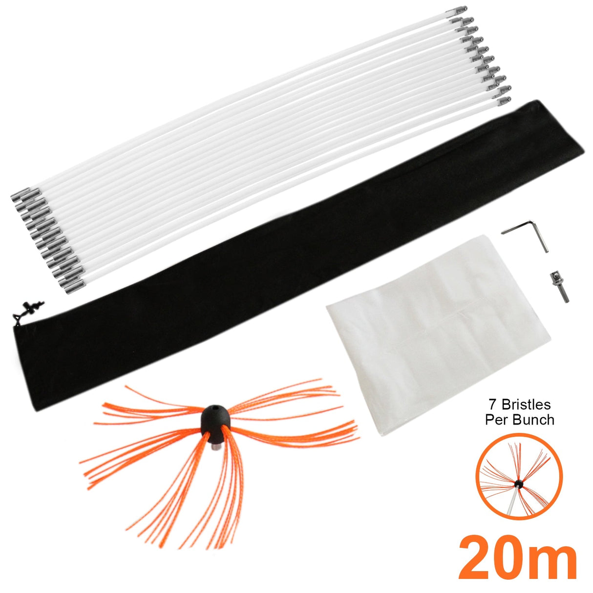 MAXBLAST chimney sweep kit featuring 20m flexible rods, orange bristle brush, black storage bag, and cleaning accessories for efficient use