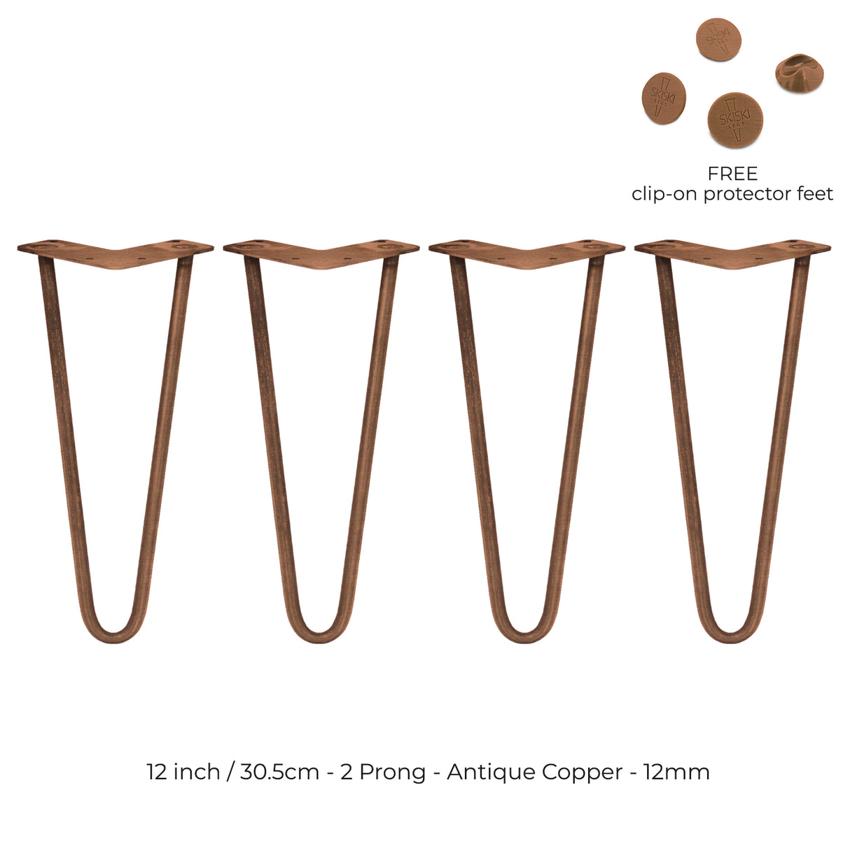 Antique copper hairpin legs, 12 inches tall, featuring a sleek, minimalist design with a smooth finish and two prongs for stability