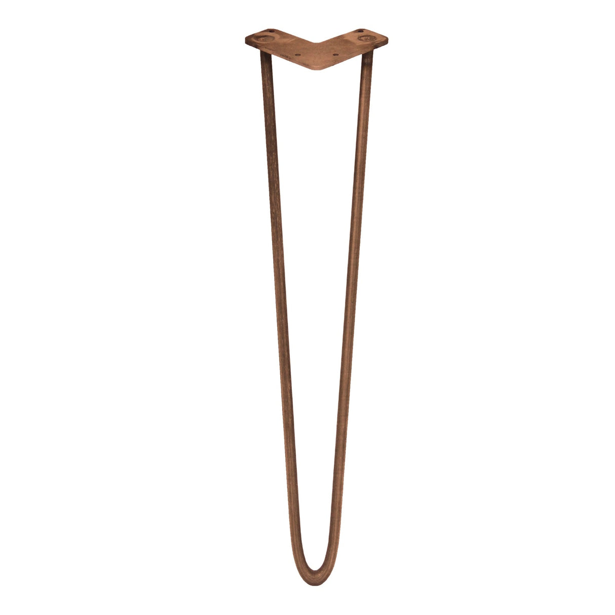 Antique copper hairpin leg with a 2-prong design, measuring 28 inches, featuring a sleek, curved shape and smooth texture