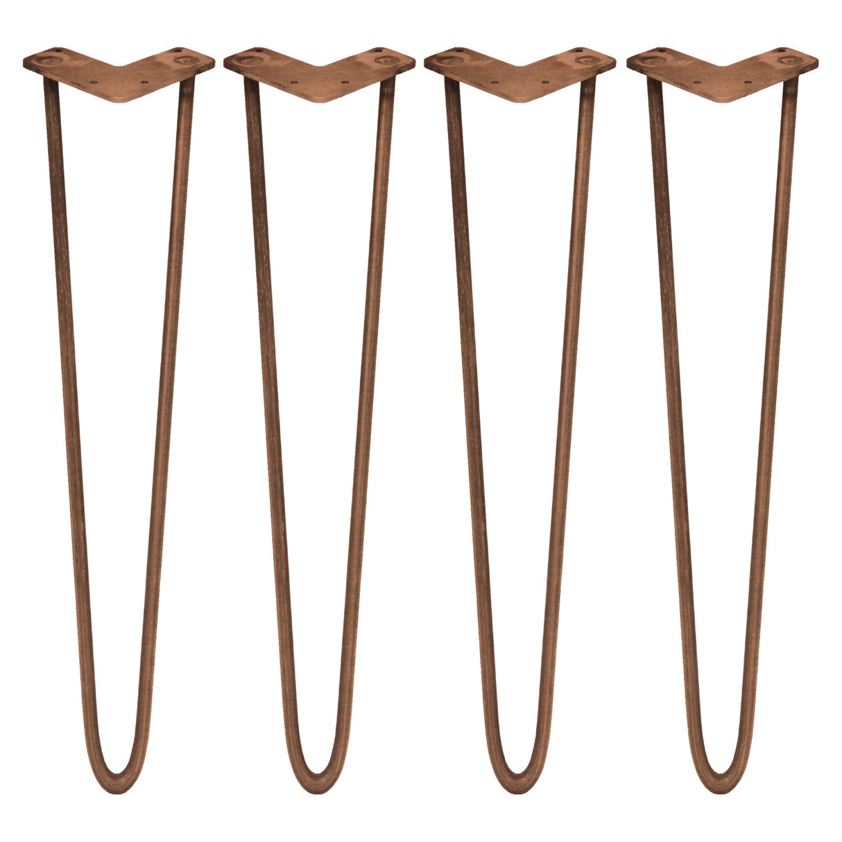 Antique copper hairpin legs in a sleek 2-prong design, measuring 28 inches, perfect for modern furniture projects